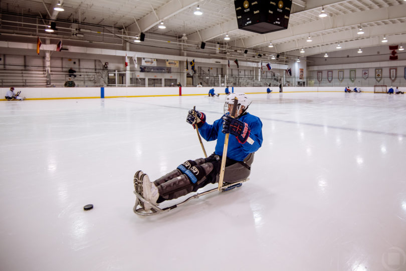 sled hockey player blue jersey