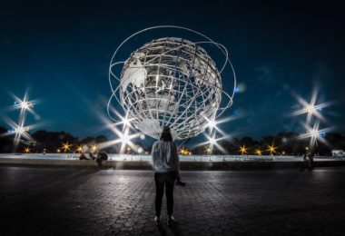 The Unisphere at night outside of the U.S. Open in Flushing, Queens