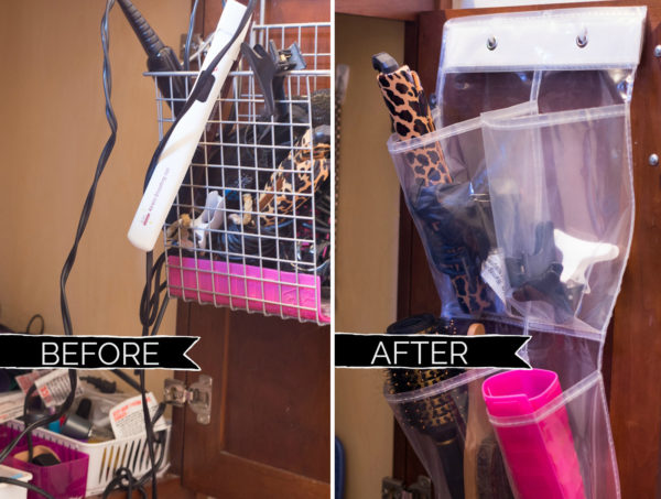 Bathroom Organization Ideas: DIY door organizer for flat irons and hair supplies (before and after)