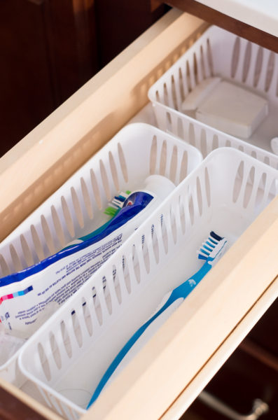 Bathroom Organization Ideas: drawer divider baskets for smaller items and toothbrushes