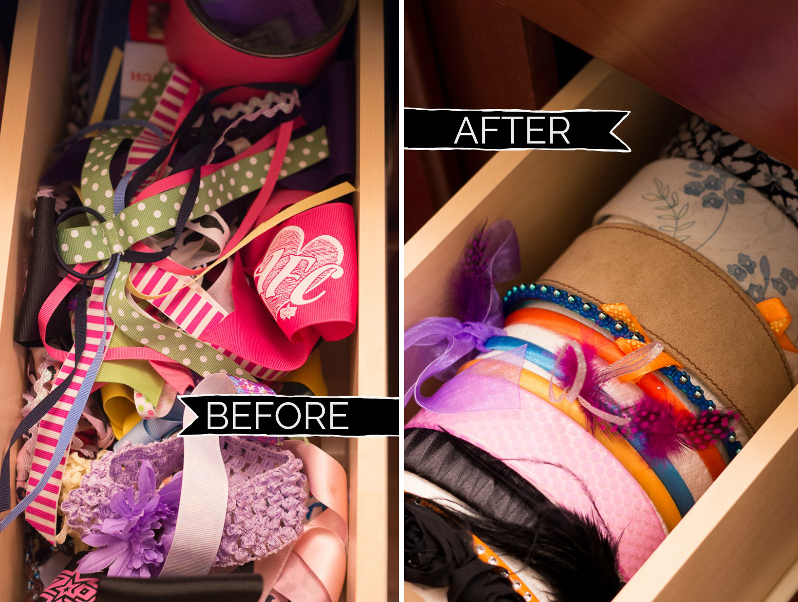 Bathroom Organization Ideas: Use a canister in a drawer to organize headbands and ribbons
