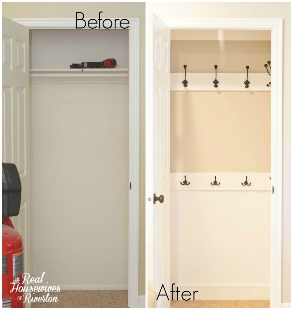 hall closet organization ideas and hall closet storage ideas - hooks instead of hangers before and after