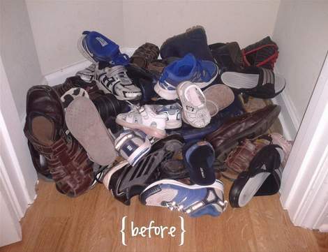 hall closet organization ideas and hall closet storage ideas - pile of unorganized shoes before
