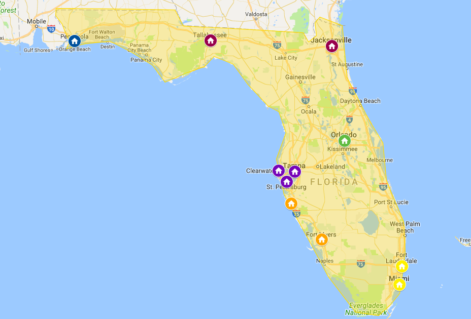 Map of popular Florida cities