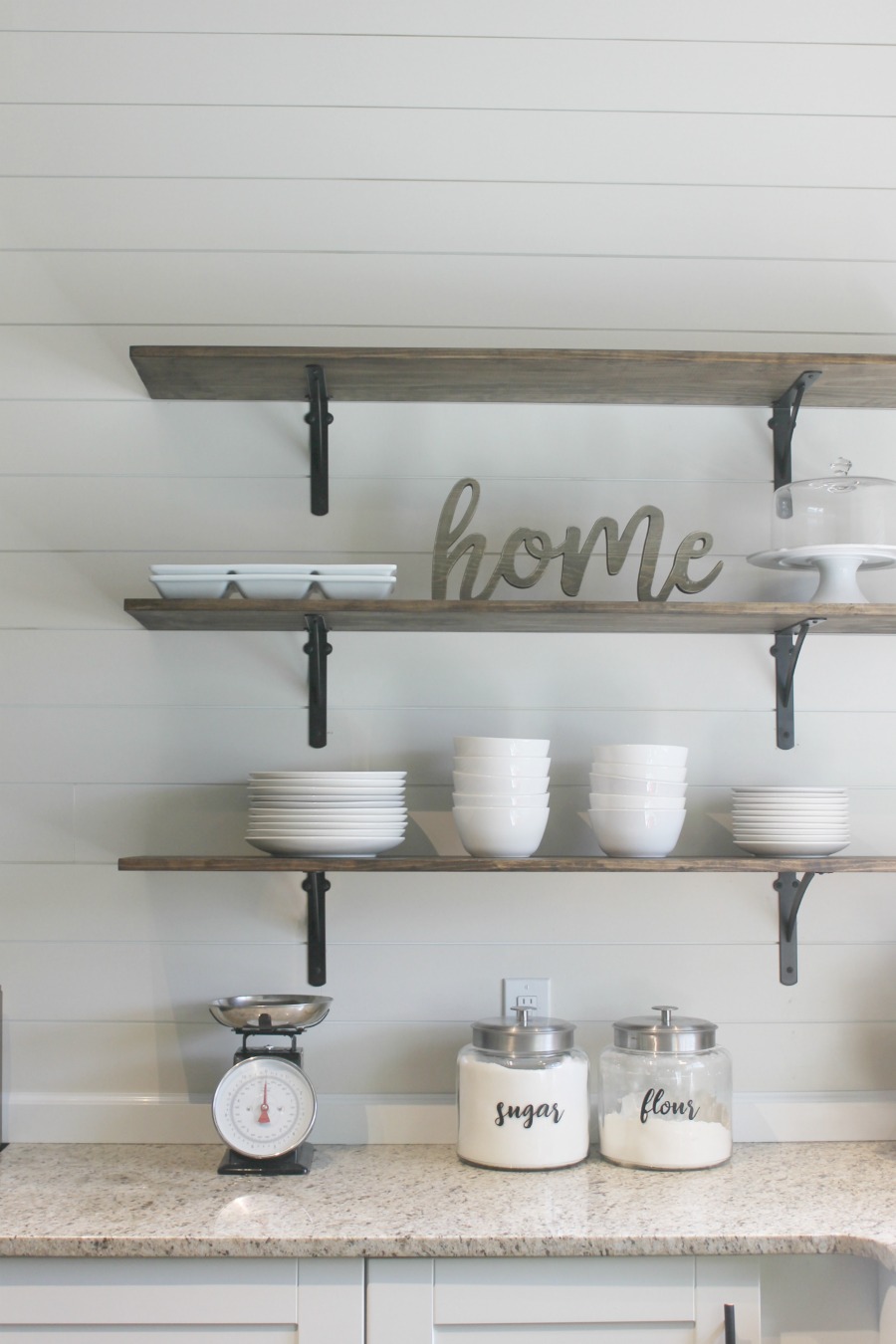 DIY kitchen shelves - farmhouse style, white ceramic bowls and plates