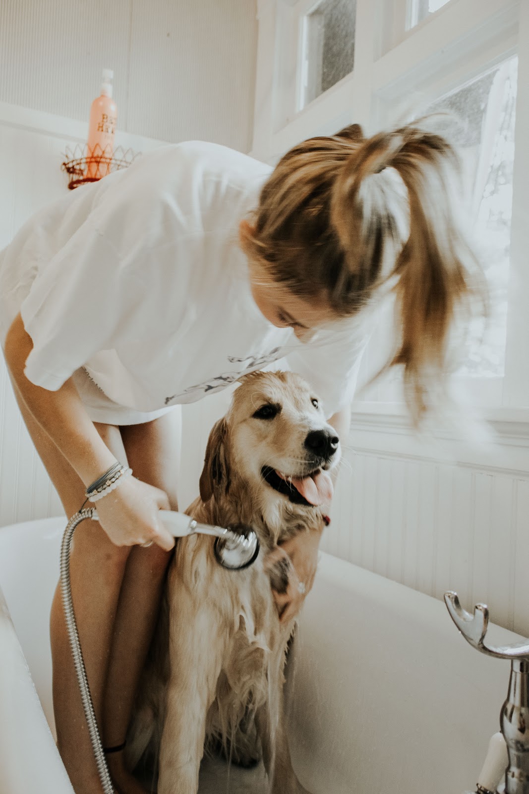 Dog Being Bathed by Blond Girl in Tub
