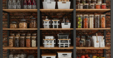 how to organize pantry items - Organised Pantry Items, Non Perishable Food Staples, Healthy Eatings, Fruits, Vegetables And Preserved Foods In Jars On Kitchen Shelf
